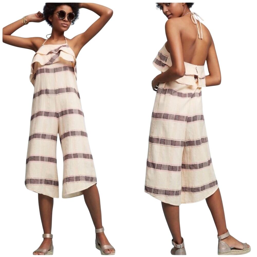 Anthropologie Marina Halter Ruffle Jumpsuit Wide Leg Size M Striped Tiered Pink
